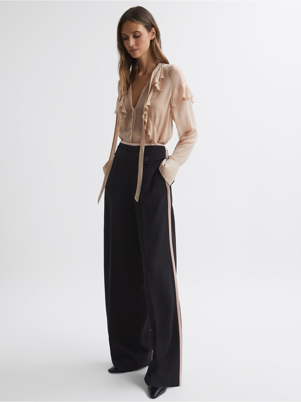 REISS Lina High Rise Wide Leg Trousers Black w/ pink stripe - Size 12